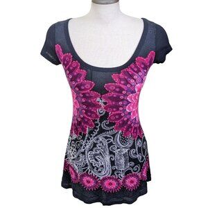 Desigual Womens Short Sleeve Tunic T Shirt Top Size S Artsy Art To Wear Longline